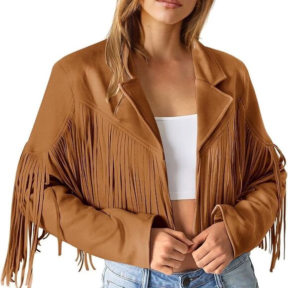 PRETTYGARDEN Fringe Faux Suede Leather Jackets Tassel Motorcycle Cropped Coat - Picture 4 of 15